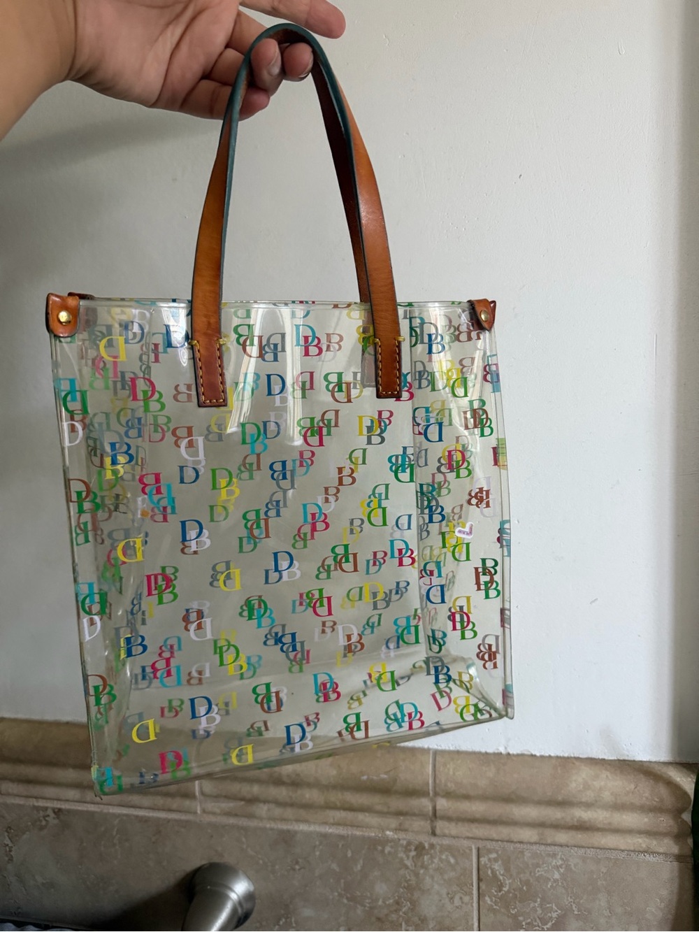 Dooney & Bourke Clear Multicolor DB Monogram Tote with Brown Handles